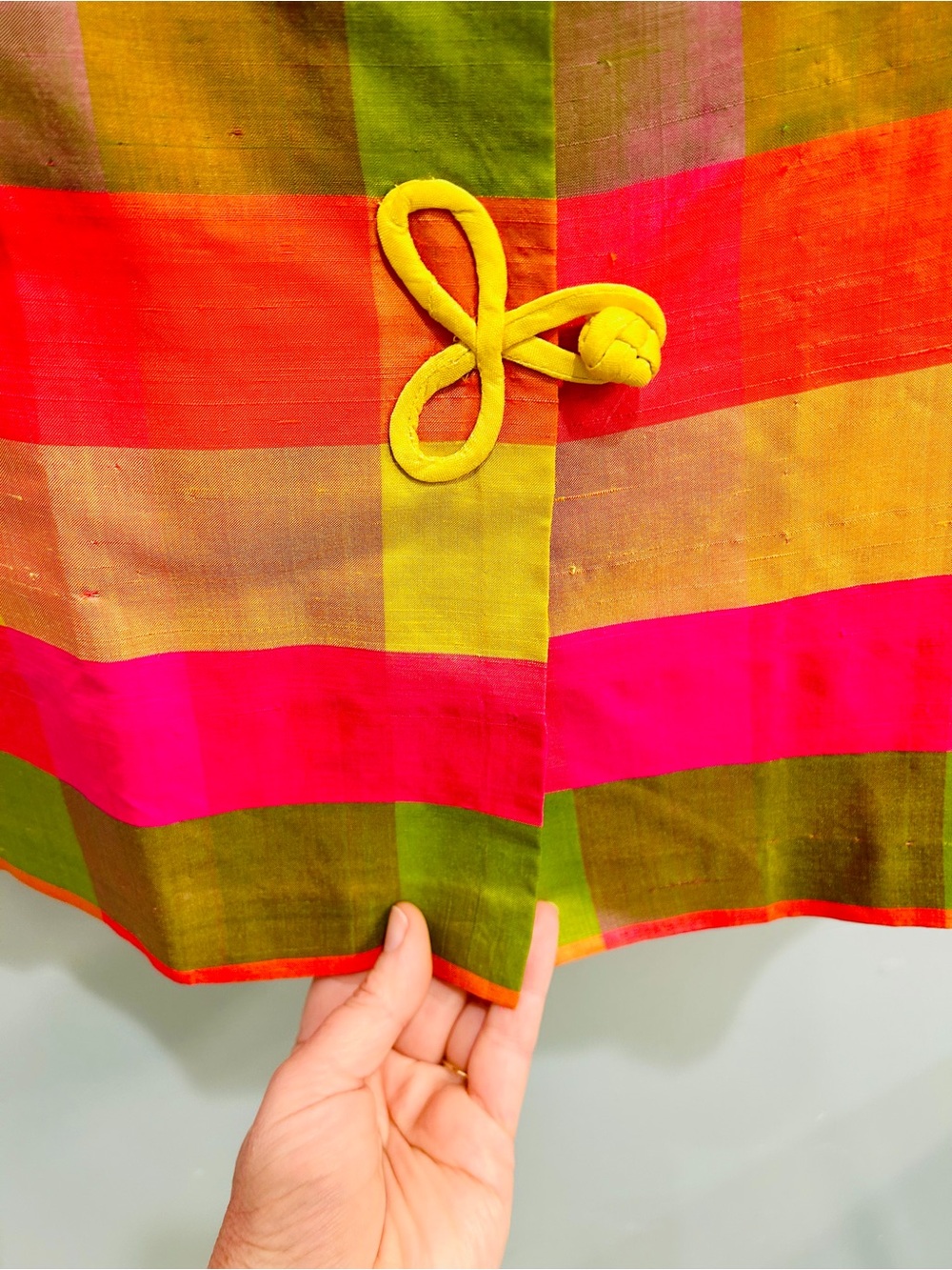 Vintage 60s Plaid Raw Silk Cheongsam Mandarin Collar Tunic Top Frog Closure - Picture 5 of 14